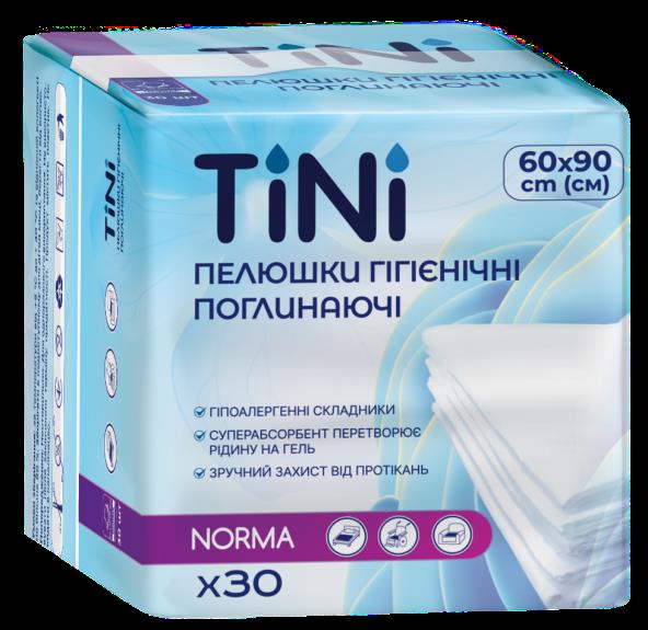 Пелюшки гігієнічні поглинаючі TINI NORMA, розмір: 60 cm (см) х 90 cm (см), 30шт/уп.